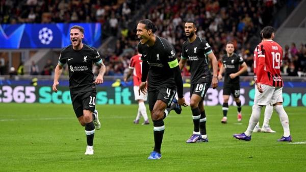 Liverpool captain Virgil van Dijk after scoring his team's second goal against AC Milan