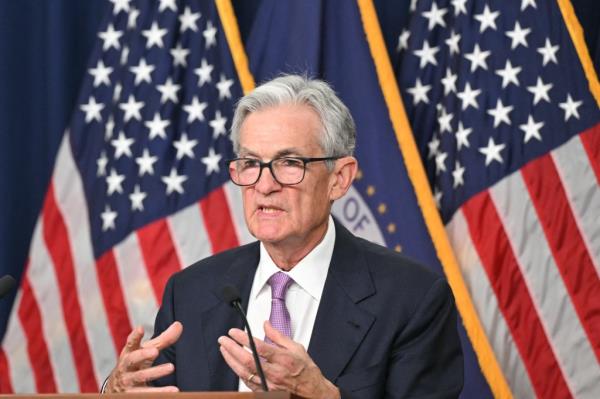 US Federal Reserve chairman Jerome Powell speaking at a press co<em></em>nference in Washington, DC, announcing a lending rate cut on September 18, 2024.