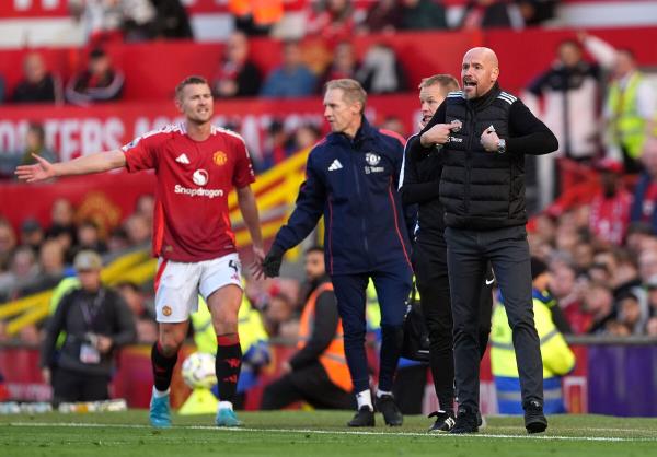 Manchester United manager Erik ten Hag reacts after his side co<em></em>ncede a goal while Matthijs de Ligt (left) is off the pitch. Pic: Martin Rickett/PA Wire.