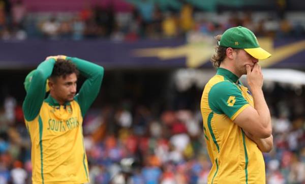 BRIDGETOWN, BARBADOS - JUNE 29: Tristan Stubbs of South Africa cuts a dejected figure following during the ICC Men's T20 Cricket World Cup West Indies & USA 2024 Final match between South Africa and India at Kensington Oval on June 29, 2024 in Bridgetown, Barbados. (Photo by Robert Cianflone/Getty Images)