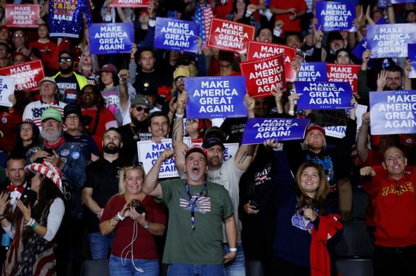 Supporters cheer as Republican presidential nominee, former President Do<em></em>nald Trump holds a campaign rally at The PPL Center on October 29, 2024 in Allentown, P