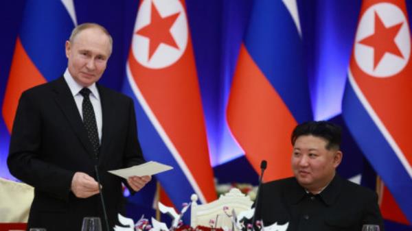 Russia&#039;s President Vladimir Putin and North Korea&#039;s leader Kim Jong Un attend a state reception in Pyongyang, North Korea June 19, 2024. Photo: Sputnik/Vladimir Smirnov/Pool via REUTERS/File Photo