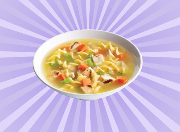 Cafe Zupas chicken noodle soup on a graphic purple background