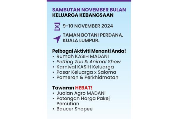 The NBKK 2024 celebration will take place over two days, on Nov 9 and 10, at Taman Botani Perdana, Kuala Lumpur.