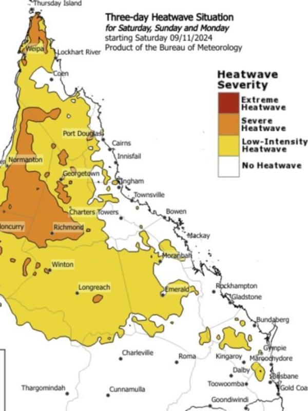 A three-day heatwave has been issued for multiple regions across Queensland, extending into the NT. Supplied / BOM