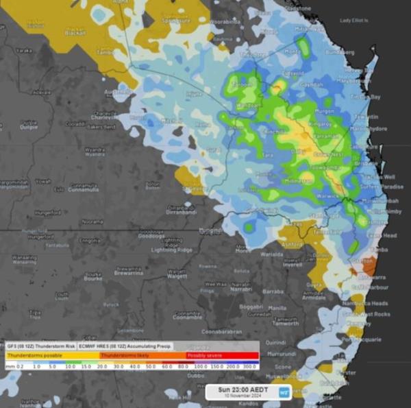 Queensland and NSW are also set to be battered with storms over the weekend. Pictured is the GFS Thunderstorm Risk and ECMWF Accumulating Precipitation on Sunday. Supplied / Weatherzone