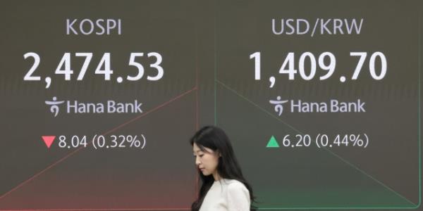 An electro<em></em>nic board showing the Korea Composite Stock Price Index at a dealing room of the Hana Bank headquarters in Seoul on Wednesday. (Yonhap)