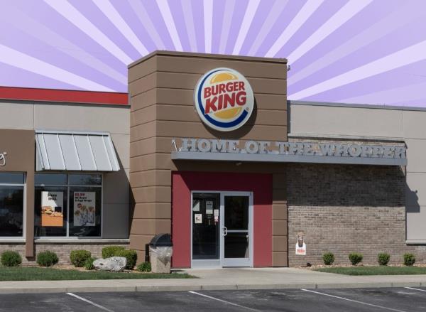 Burger King exterior on striped purple background