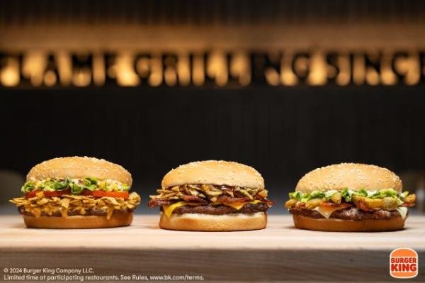 Burger King's Fried Pickle Ranch Whopper, Maple Bourbon BBQ Whopper, and Mexican Street Corn Whopper