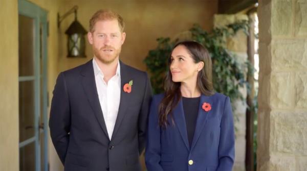 Prince Harry and Meghan Markle in suits discussing children's o<em></em>nline safety for their Archewell Foundation in a video message